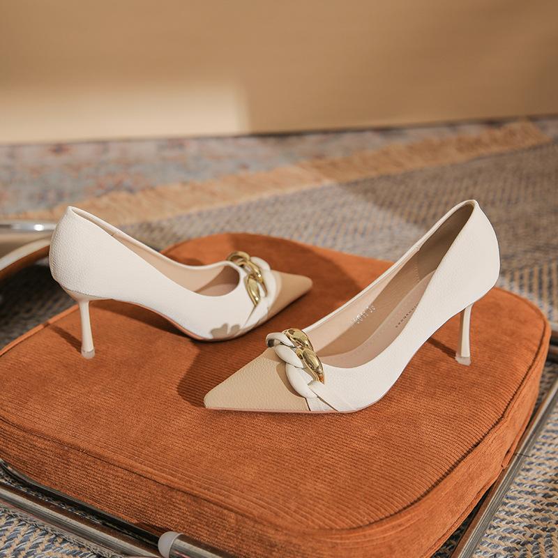 Temperament socialite small fragrant style fine heel light mouth high heel women's shoes classic metal buckle splicing fashion women's shoes