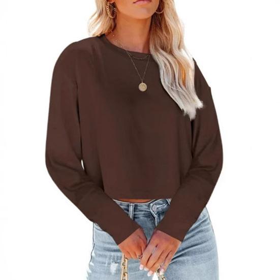 Women Tops Round Neck Long Sleeve Loose Fit Cropped Tops Solid Color Leisure Pullover Tops Daily Wear