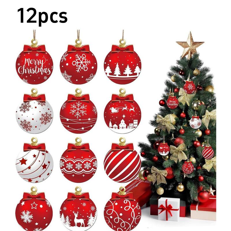 

12pcs/set 2D Red White Wooden Christmas Ball Ornament Elk Snowflake Pattern Christmas Party Hanging Decoration Supplies Winter