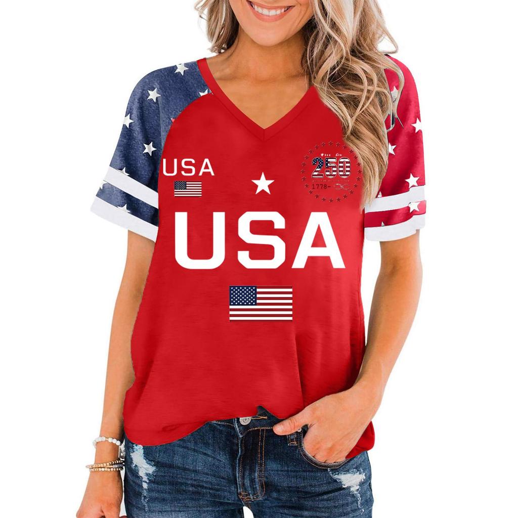 Damen Lässiger V-Ausschnitt Kurzarm Pullover Oberteil USA-Flagge Grafikdruck Leichter Weicher Stoff Lockere Passform T-Shirt