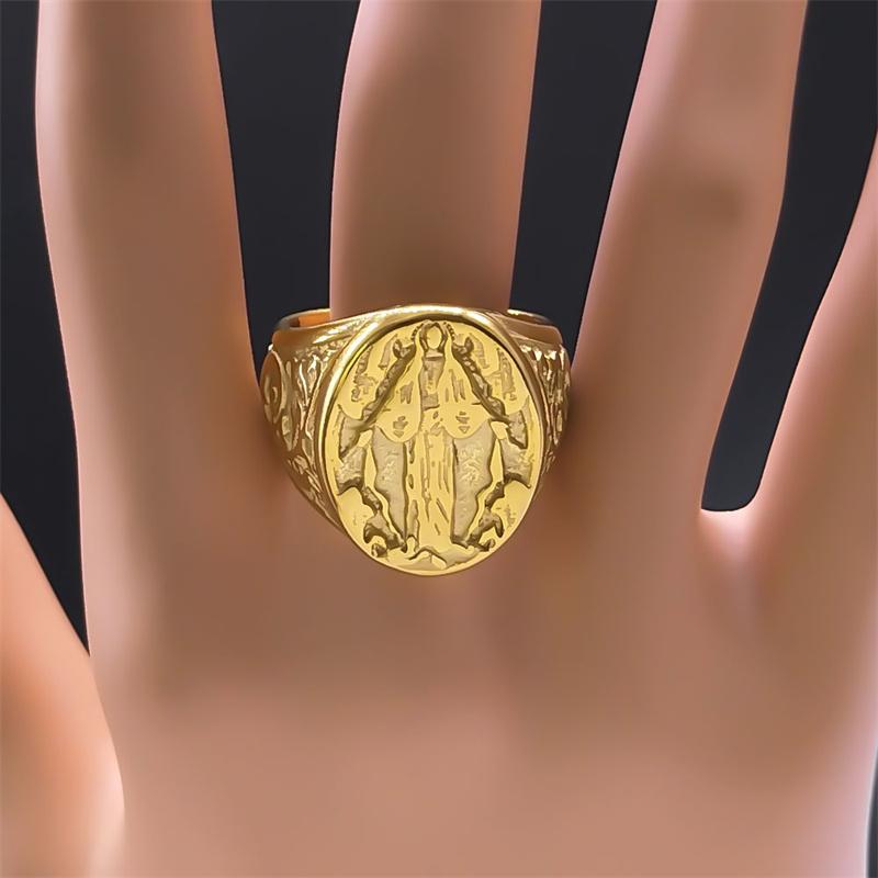 Bague Anneau Médaille Vierge Marie Christianisme Vintage pour Hommes Femmes Acier Inoxydable Couleur Or Anneaux de Doigt de Prière Religieuse Bijoux R500S02