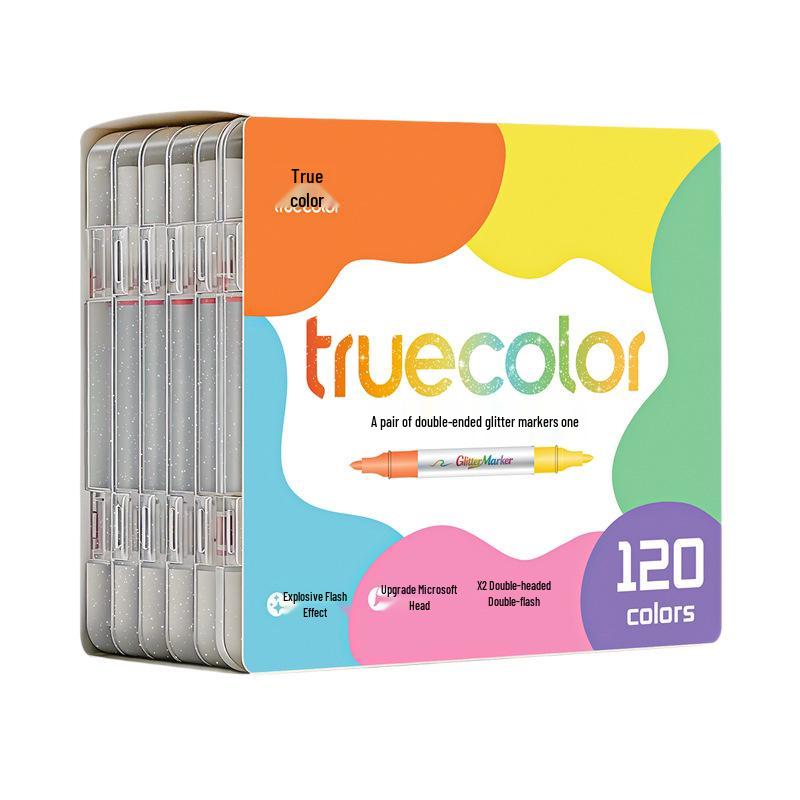 True Color Double-Ended Glitter Marker Pen, Soft Tip, Non-Bleeding, Acrylic for Art Class & Hand-Painted Newspaper.
