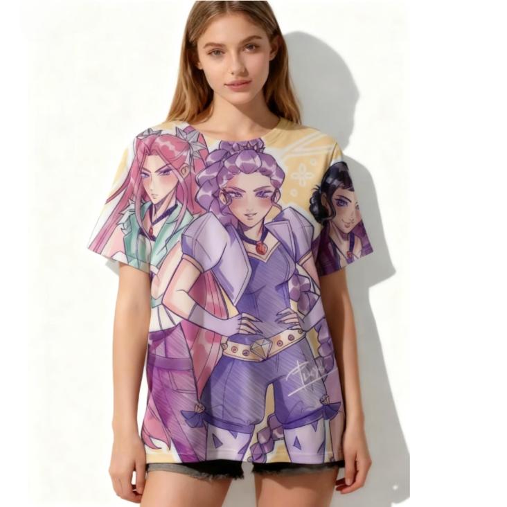 Top s 3D potiskem KPop Demon Hunters s kulatým výstřihem, ležérní dámské tričko s krátkým rukávem - Měkká středně elastická polyesterová tkanina, letní oblečení s volným střihem