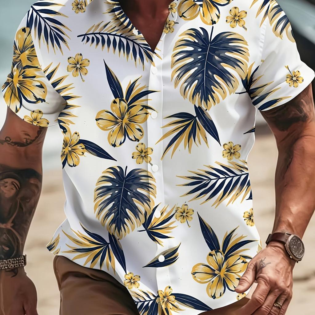 Men's Summer Hawaiian Shirt Tropical Palm Leaf Floral Print Lapel Short Sleeve Button Down Casual Vacation Beach Party Aloha Top