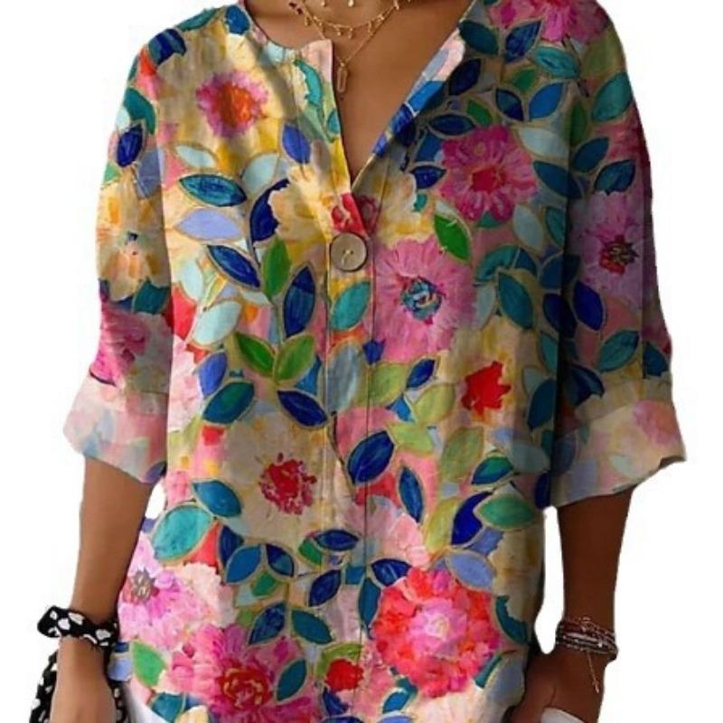 Dame Genser med Knappedekorasjon Elegant Bluse med Blomsterprint Dame Casual Halvsplitt Krage Ni-kvart Ermer Topper 2025