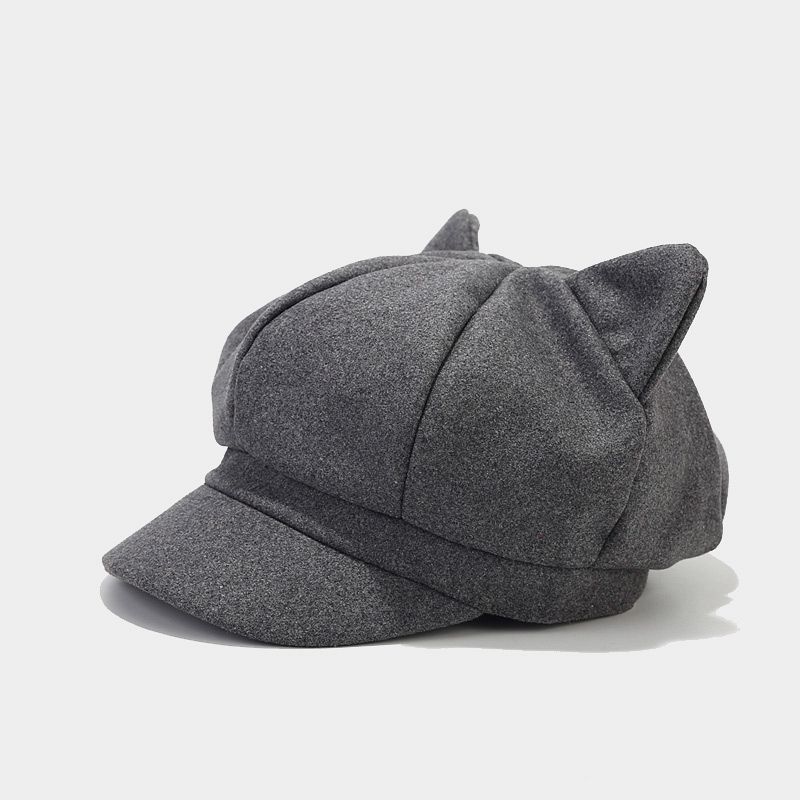 Cat Ear Hat For Women Autumn Winter Wool Blend Retro Octagon Cap With Sun Protection