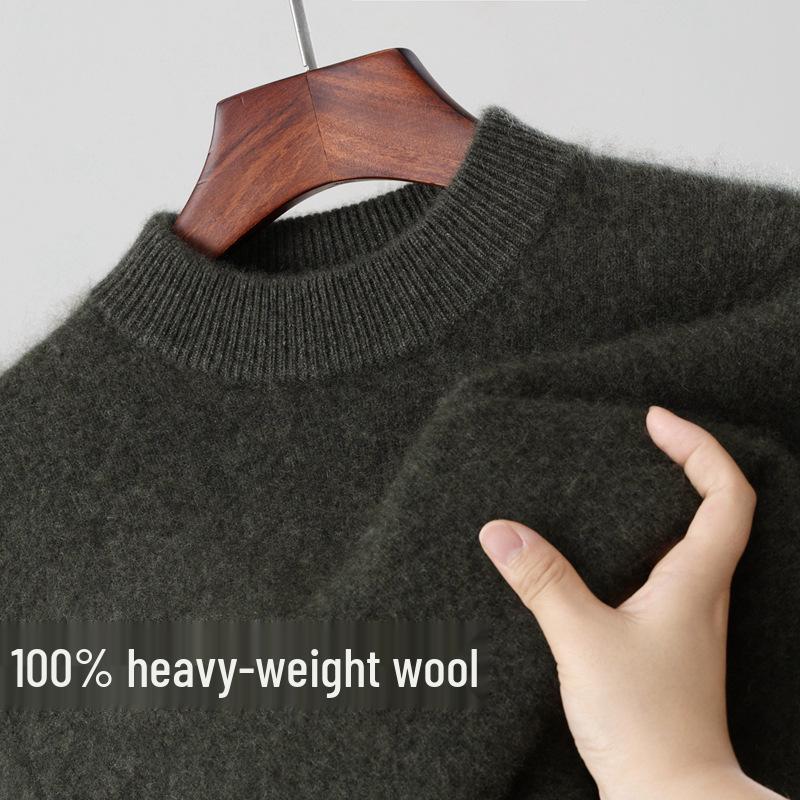 Men's 100% Wool Round Neck Loose Casual Sweater - Thickened Long Sleeve Knitwear