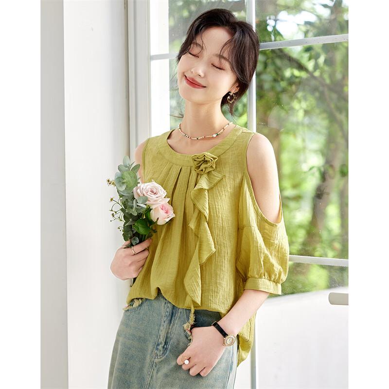 Xinfeiyu Lyocell Off-Shoulder Puff Sleeve Shirt M
