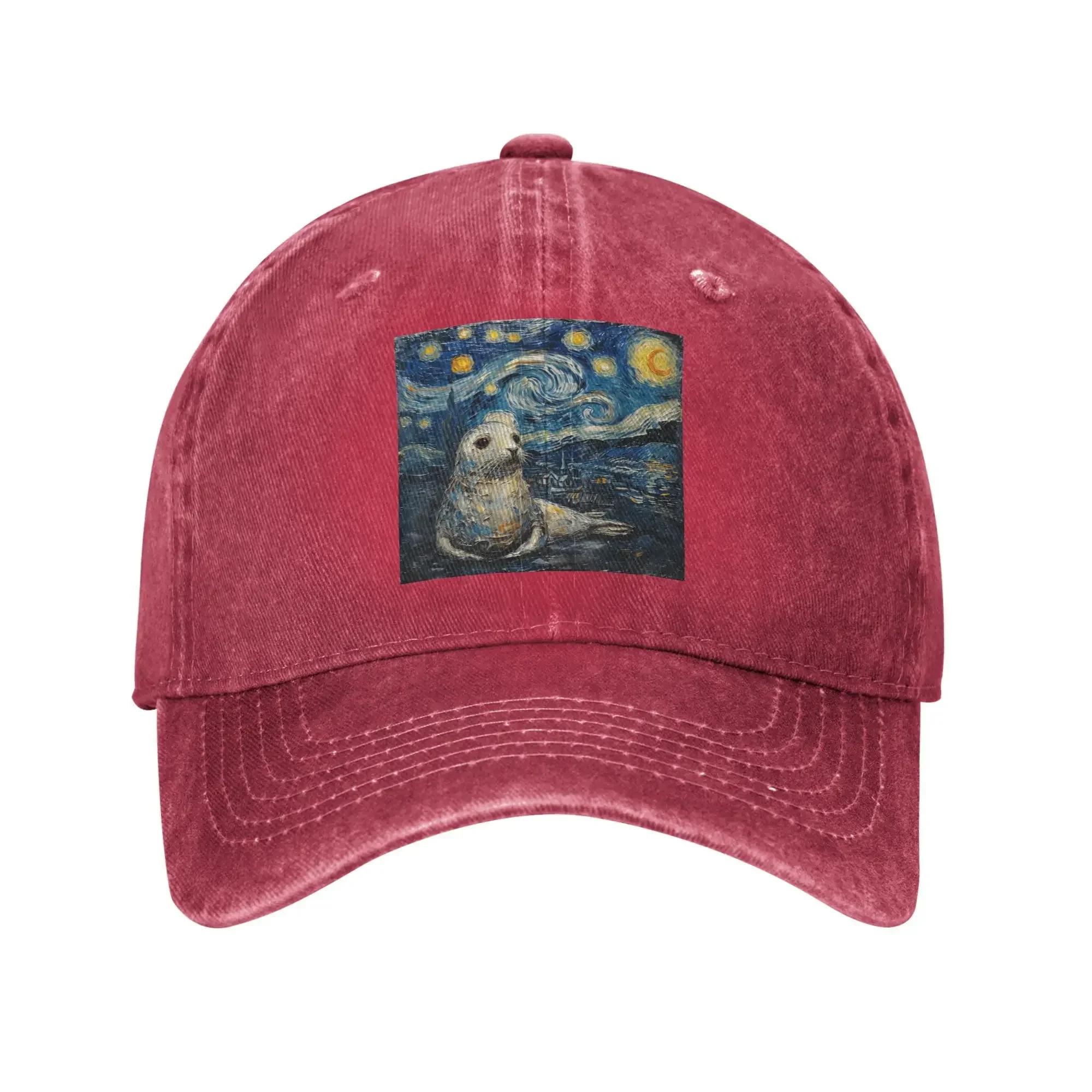 Art Seal Sea Lion Van Gogh Style Starry Night Sun Baseball Cap  Cute Sea Lion Lover  Trucker Hat Summer Gym Baseball Caps One Size
