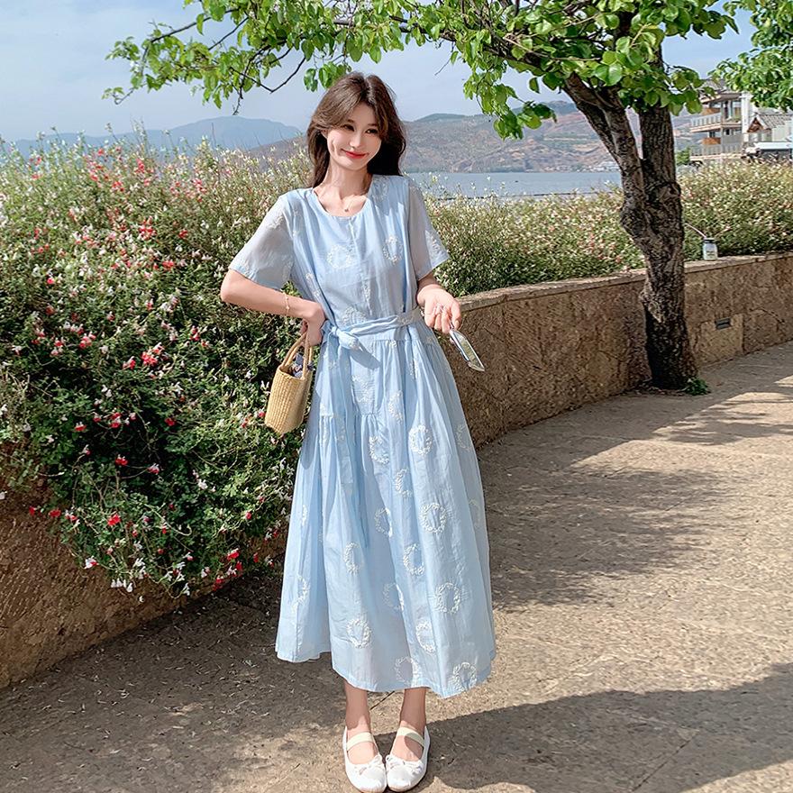 Blue Embroidered Tencel Dress for Women's  New Sweet Little Man Gentle Wind First Love Long Skirt