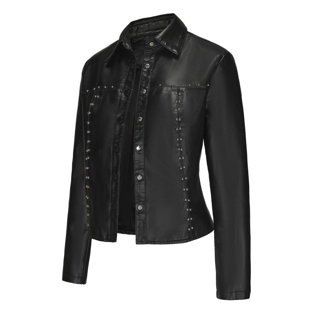 2024 Spring and Autumn New Rivet Leather Jacket Cardigan Button Leather Jacket European and American Fashion Thin Jacket Cross-border Women's Clothing