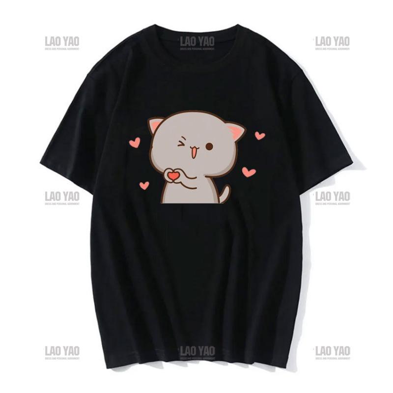 Lovely Peaches and Ash Ash T Shirt Szary Przyznaj się do błędu T-shirt Super słodki brzoskwiniowy kot kreskówka para nadruk T-shirt Unisex Unisex Topy Unisex