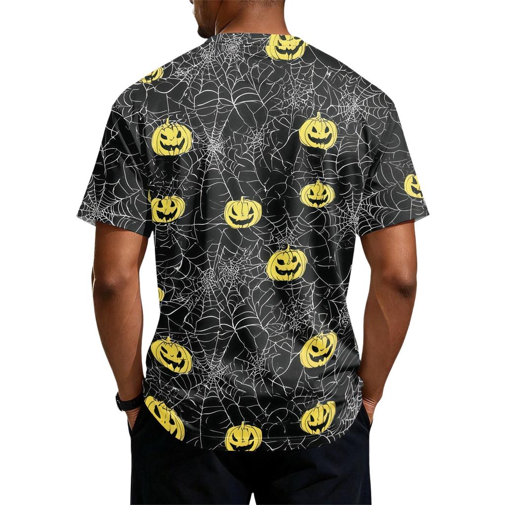 Men's Halloween Print Crew Neck Short Sleeve Top with Pumpkin and Web Pattern Casual Fit T Shirt for Daily Wear