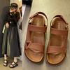 New Sandals Outer Wear Summer Solid Color Word with Open Toe Velcro Flat Sandals Seaside Beach Cool Slippers