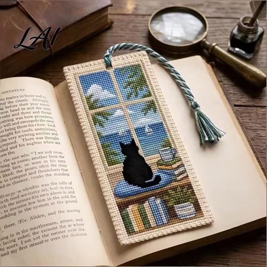 Embroidered Book Page Marker Seasonal Cat Cross-Stitch Bookmark Four Seasons Black Bookmark