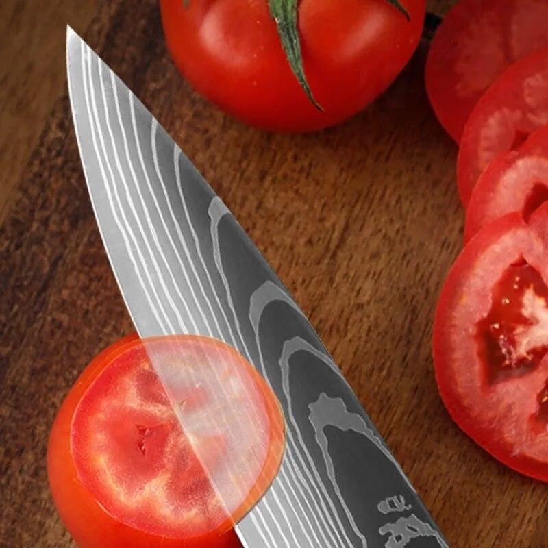 Coltello da cucina affilato in acciaio inossidabile, coltello da cucina laser Damaso per disossare e sbucciare, coltello da cucina da 5 pollici, accessori da cucina per tagliare la carne