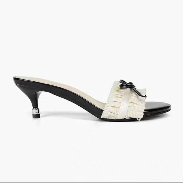 Bow fairy style high-heeled sandals female outer wear 2025 summer skirt not tired feet sandals stiletto one-word slippers