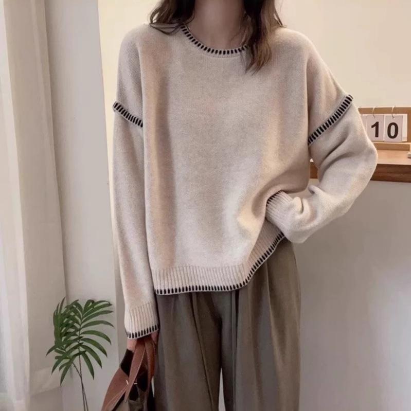 Korean Patchwork Color Block Wool Knit Sweater - Winter Loose Fit Pullover