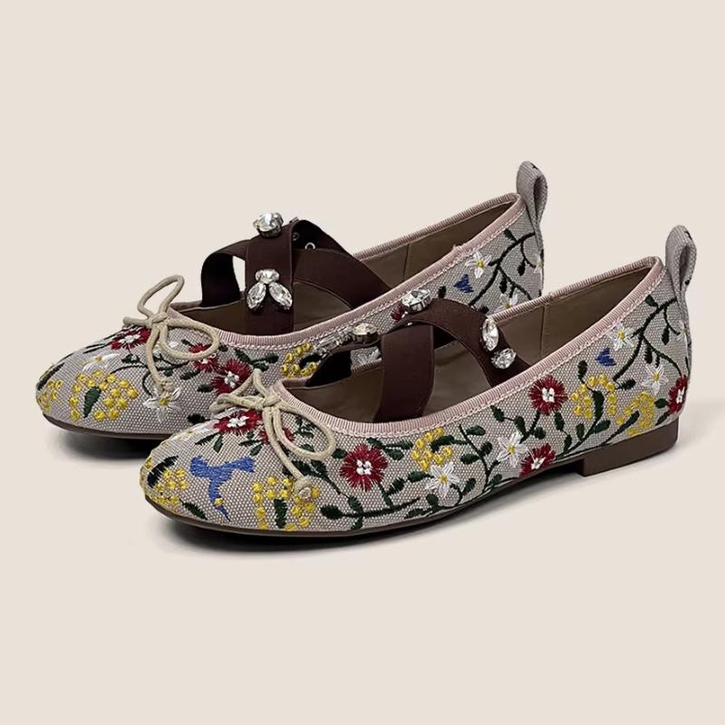 Elegant Embroidered Bow Design Ballet Flats Women Luxury Crystal Cross Tied Leopard Print Mary Jane Shoe Cozy Lightweight Loafer