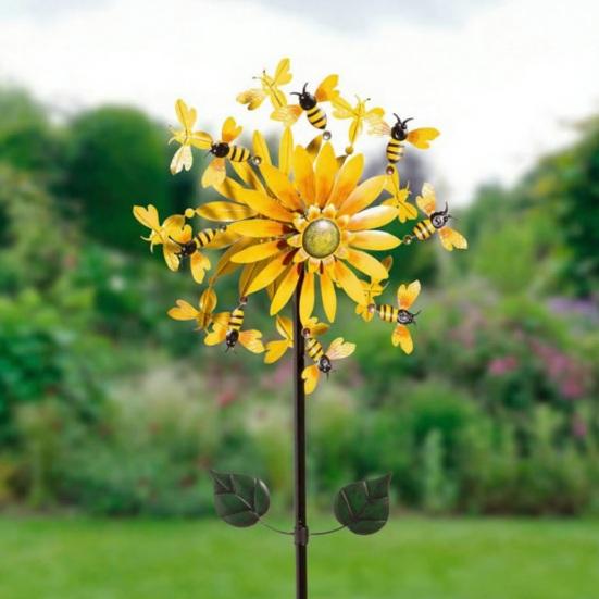 Outdoor Wind Spinner 27" Metal Sunflower Bees Rotating Windmill with Stake Kinetic Wind Sculptures for Outdoor Yard Patio Balcony Courtyard Garden