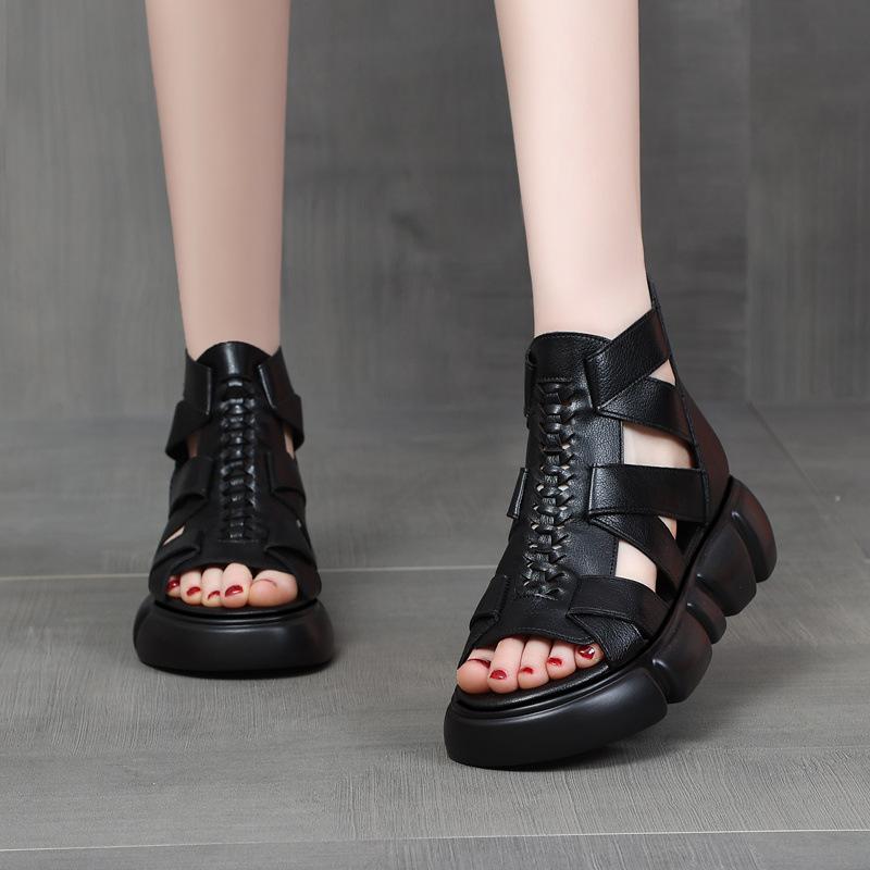 

High-top hollowed-out Roman shoes summer mid-heel heel heightened non-slip soft sole lightweight Roman sandals women s breathable fish mouth cool bo 34