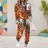 Women Plus Size White Halloween Ghost Printed Round Neck Long Sleeve Cuffed Two Piece Pants Set With Pockets