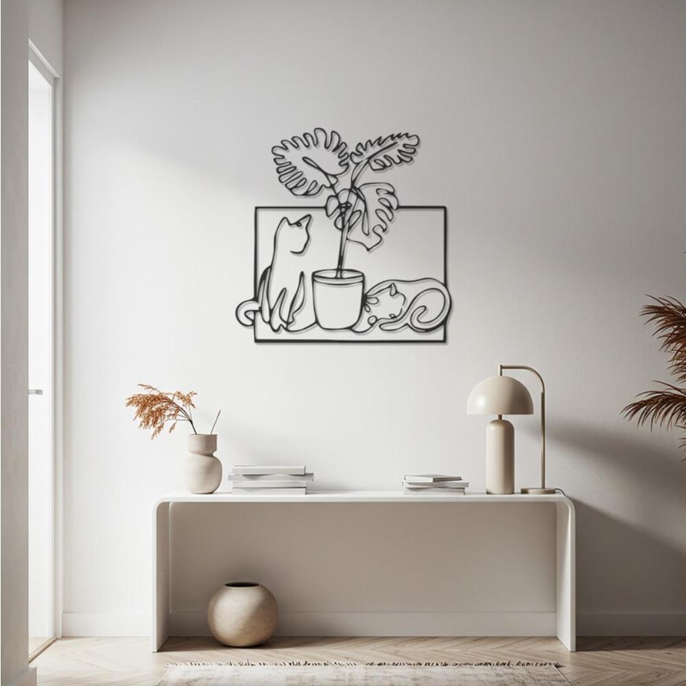 Modern Minimalist Cat and Plant Metal Wall Art, Abstract Line Drawing Decor for Living Room