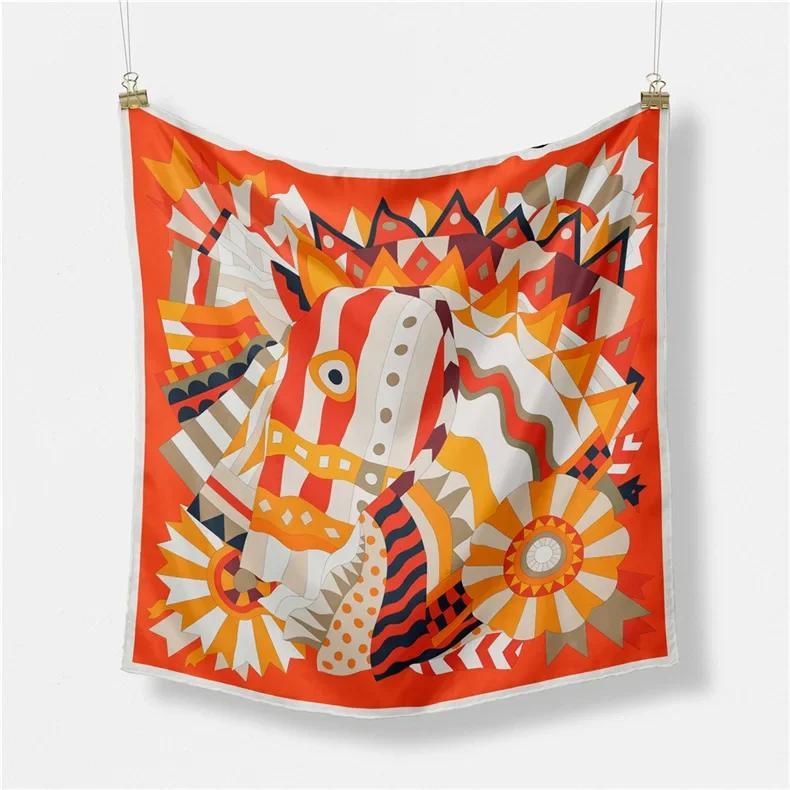 Luxury Horse Print Silk Square Scarf Women Spring Neck Tie Shawl Wraps Female Hair Hand Wrist Headkercheif Hijab Bandana
