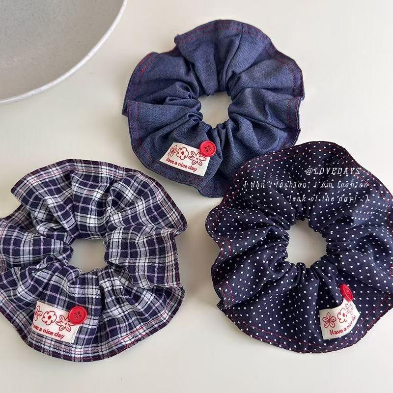 Korean Retro Polka Dot Plaid Button Headband & Versatile Large Intestine Hair Tie Set