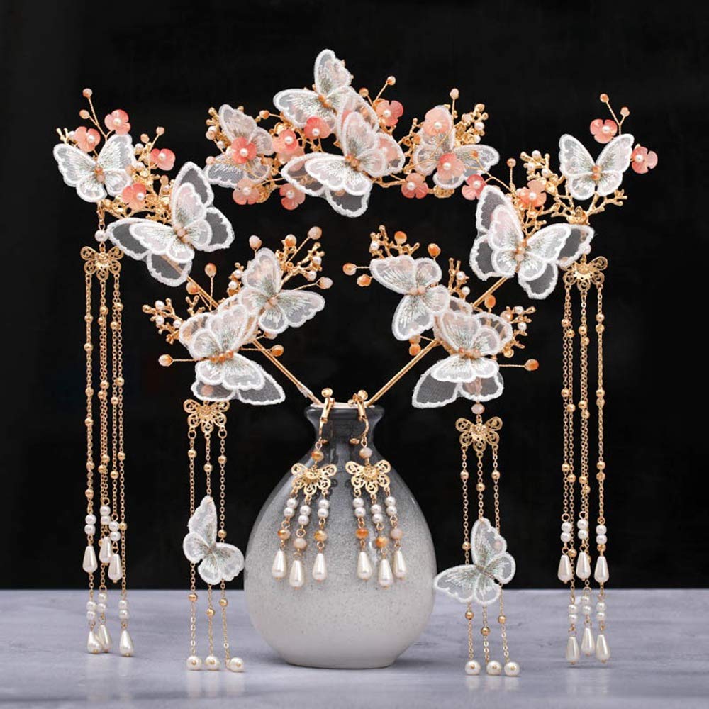 Chinese Flower Tassel Traditional Classical Style Hair Stick Pin, Butterfly Hair Comb Hairpin Sets Crystal Hair Chopsticks Headwear Hair Accessories
