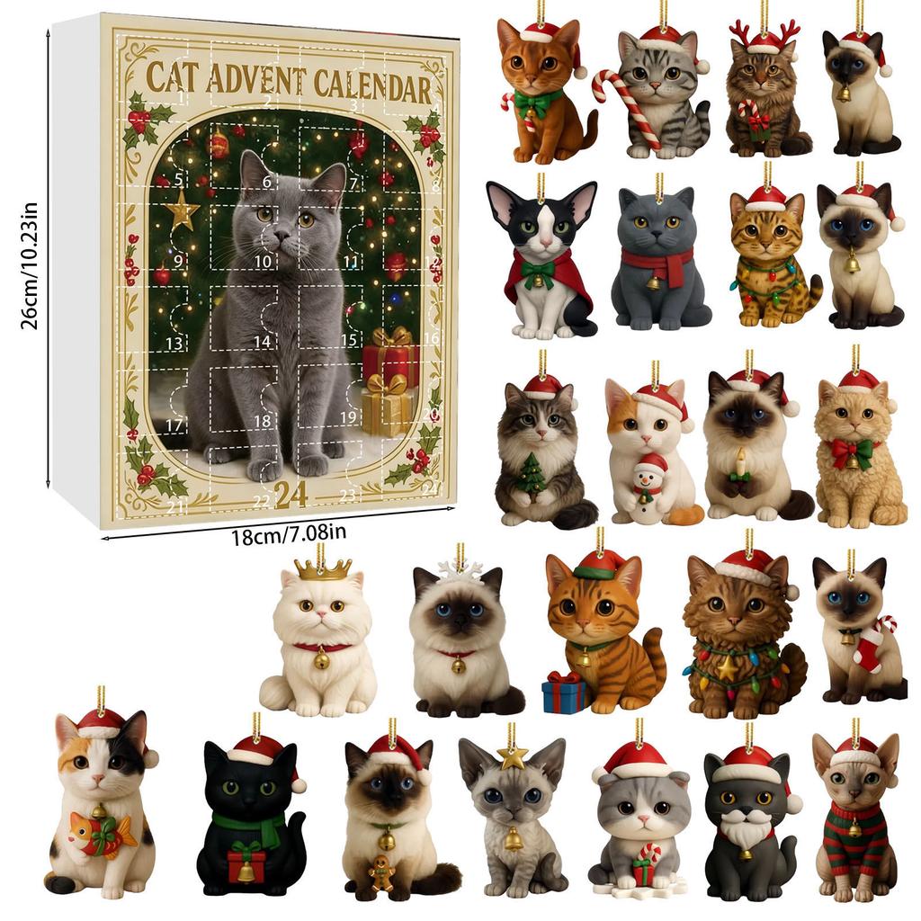 Cat Advent Calendar 2025 24 Days Christmas Countdown With 24 Different Breeds 2D Acrylic Cute Kitten Christmas Tree Ornaments