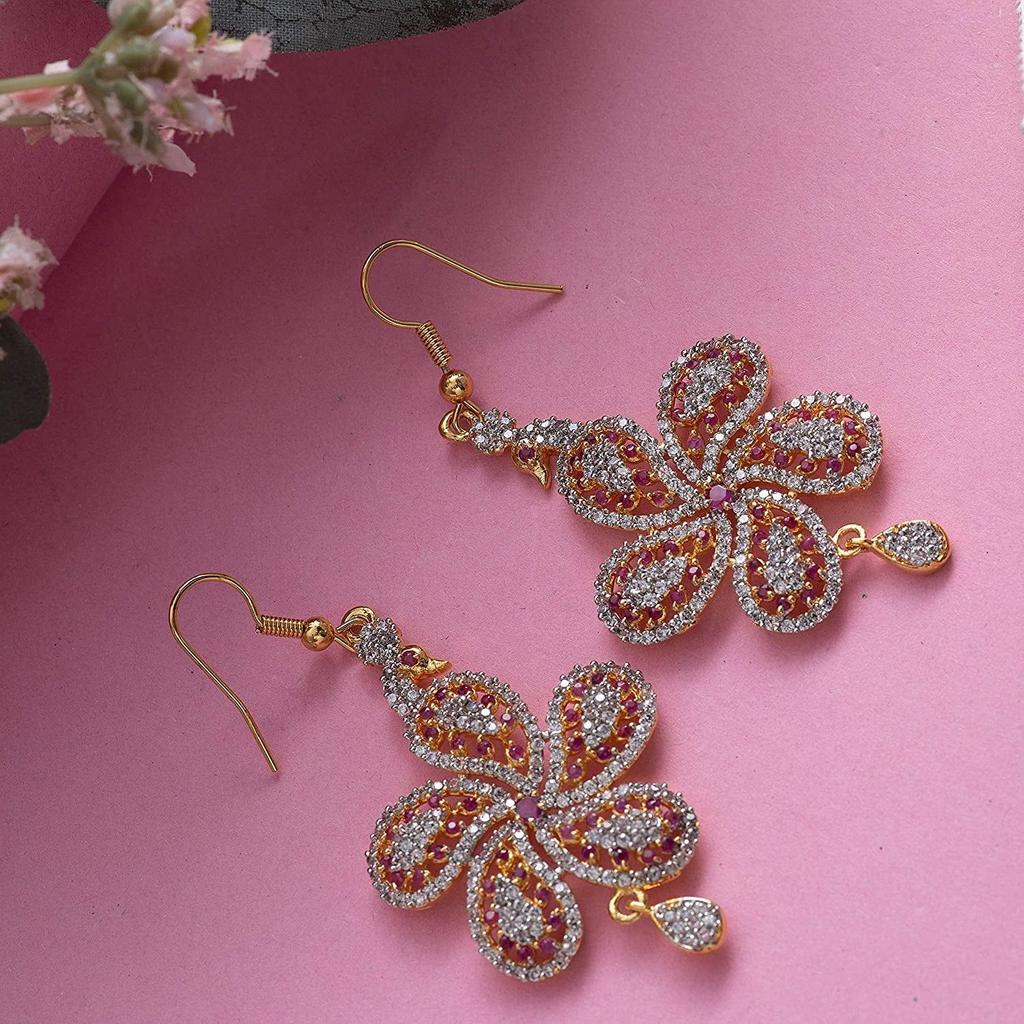 Estele Gold Plated American Diamond Peacock Flower Women's Drop Earrings