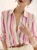 Women's Vertical Stripe Long Sleeve Blouse Vintage Lapel Collar Loose Fit Non Iron Chiffon Shirt For Spring Autumn Daily Wear