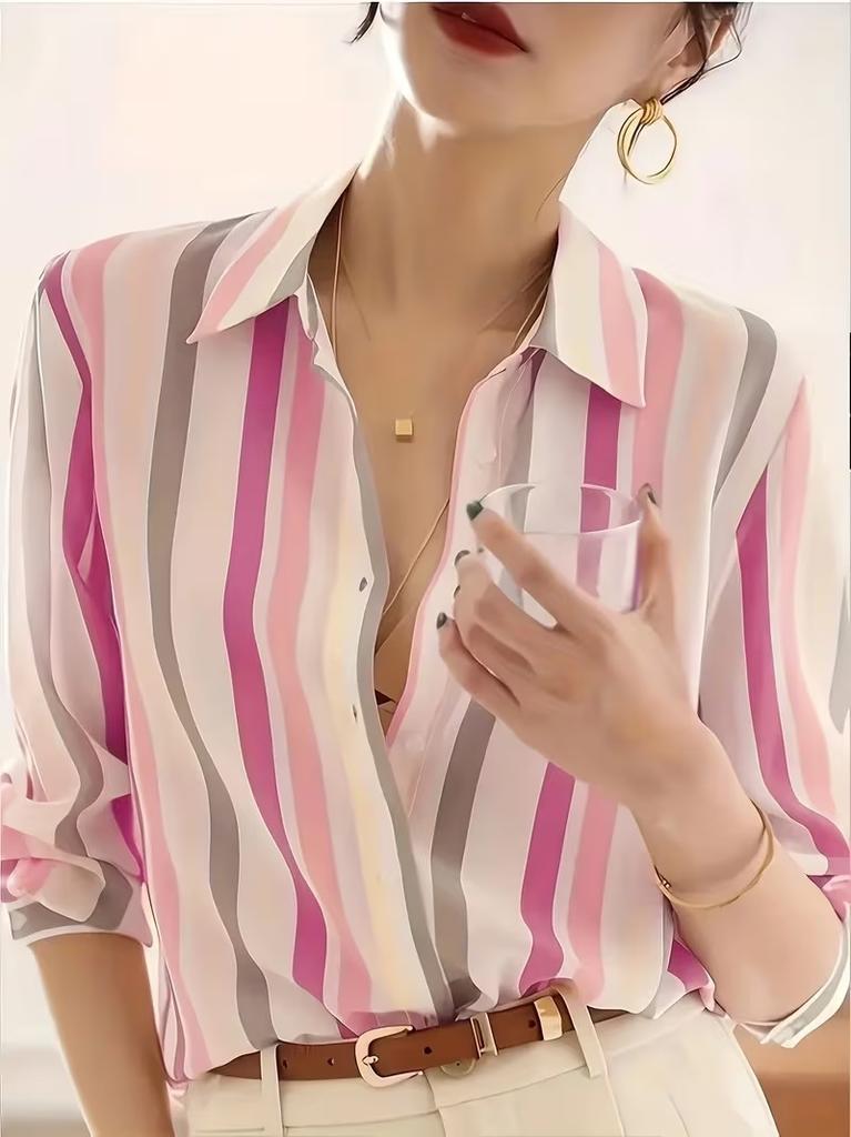 Women's Vertical Stripe Long Sleeve Blouse Vintage Lapel Collar Loose Fit Non Iron Chiffon Shirt For Spring Autumn Daily Wear