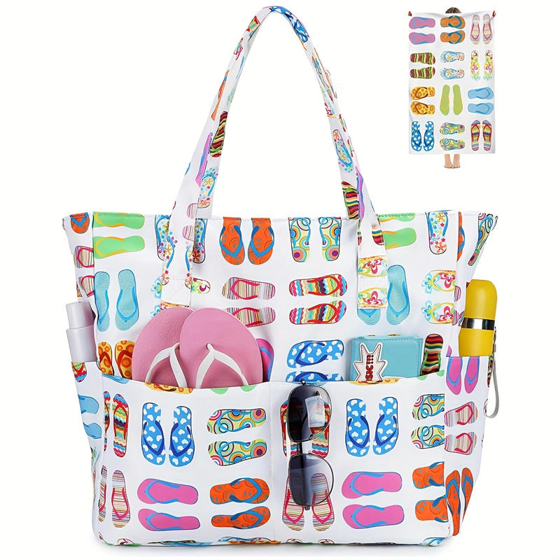 1PC Beach Tote Bag Lightweight Foldable Multi-Pocket Design With Zipper Bag Perfect For Pool Travel Gym And Outdoor Adventures Handbag