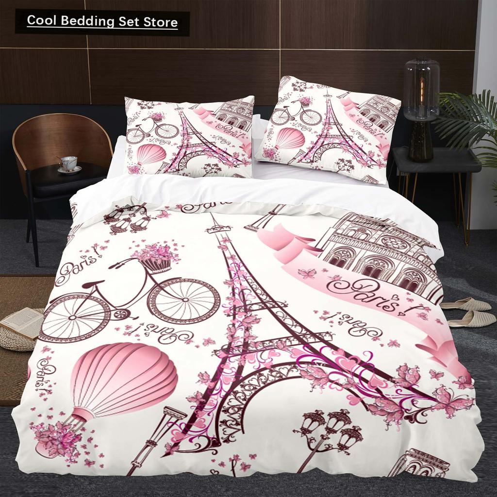 Eiffel Tower Flowers King Queen Duvet Cover Famous Architecture In Paris Bedding Set for Women Romantic Polyester Quilt Cover