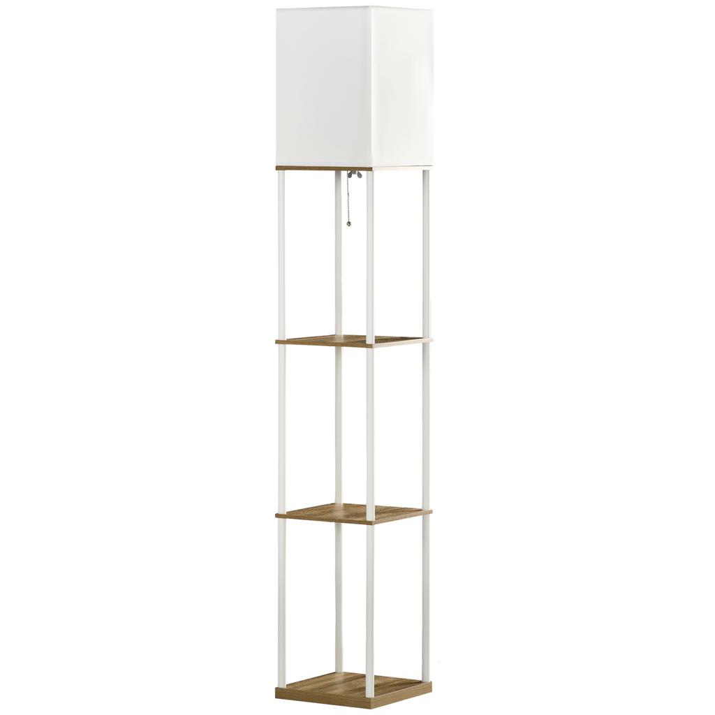 Modern Metal Floor Lamp with Shelves, 3 Layer Shelf Tall Standing Lamp with Fabric Lampshade, Pull Chain Switch for Living Room, Bedroom