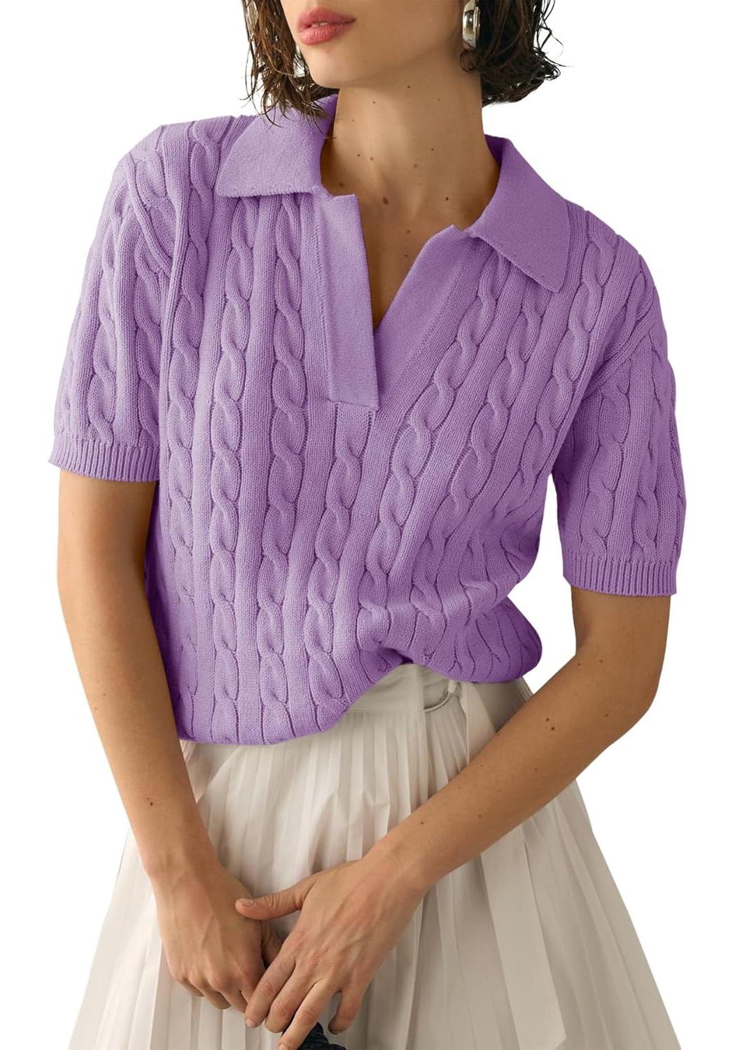 Women s Versatile Knitwear: Summer Cable Knit Polo Neck Tops Small