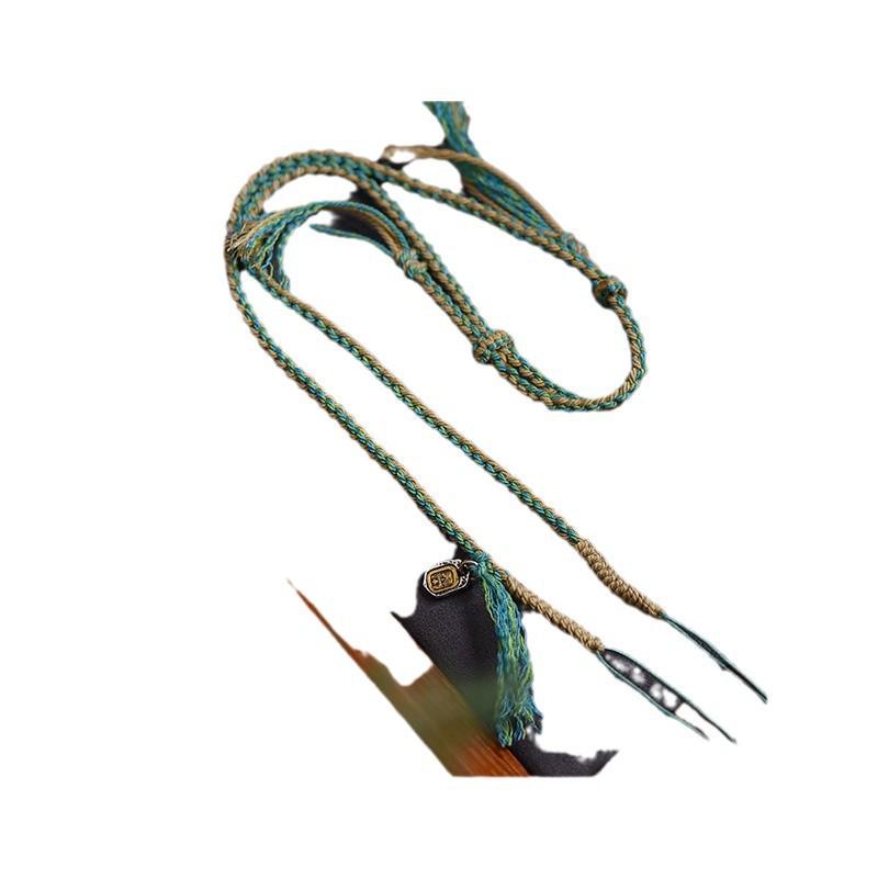 Handmade Tibetan Braided Necklace with Amber Amulet & Hetian Jade Pendant