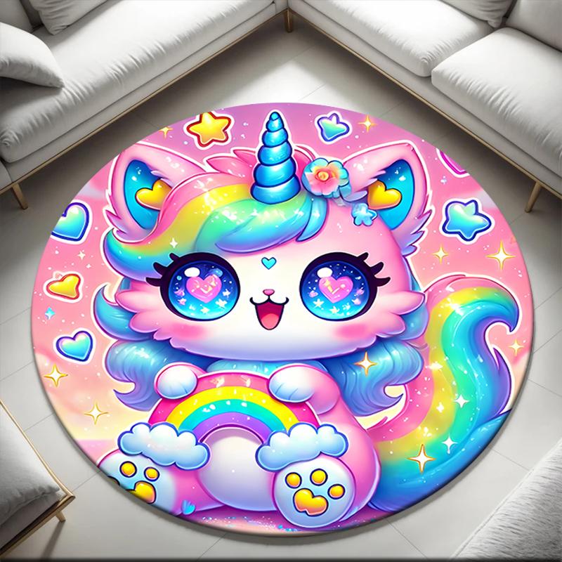 1pc Cartoon Cute Fantasy Unicorn Round Carpet Painted Printed Circular Carpet, Home Door Mat, Outdoor Travel Protection Carpet