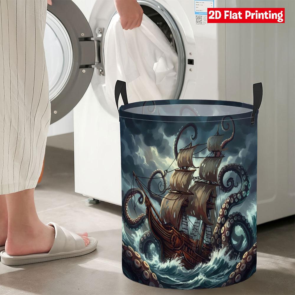 Collapsible Laundry Basket Large Round Waterproof Fabric Hamper Dirty Clothes Storage Bin Toy Organizer with Handles