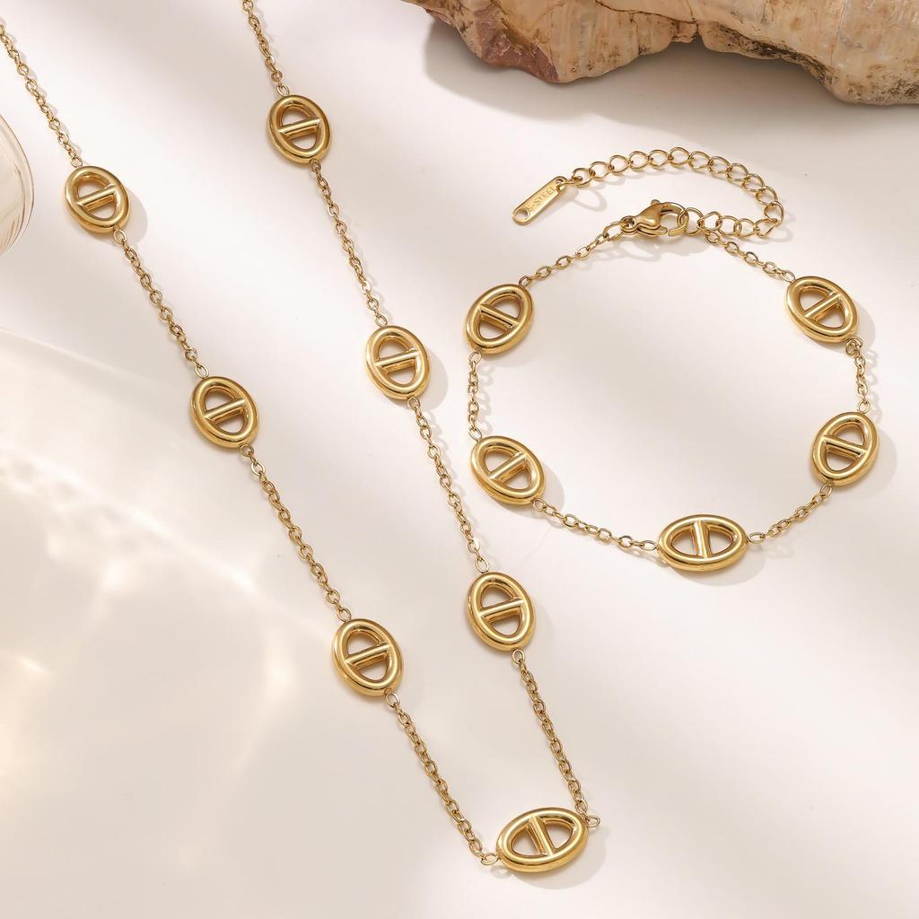 Women's Pig Nose Necklace & Bracelet Set: 18K Gold-Plated, Titanium Stainless Steel, Japanese Design, Color-Fade Resistant.