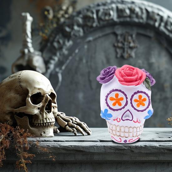 Day of The Dead Floral Skull Statue Colorful Flower Patterned Human Head Bone Model Resin Sugar Skull Figurine for Halloween Home Tabletop Decor