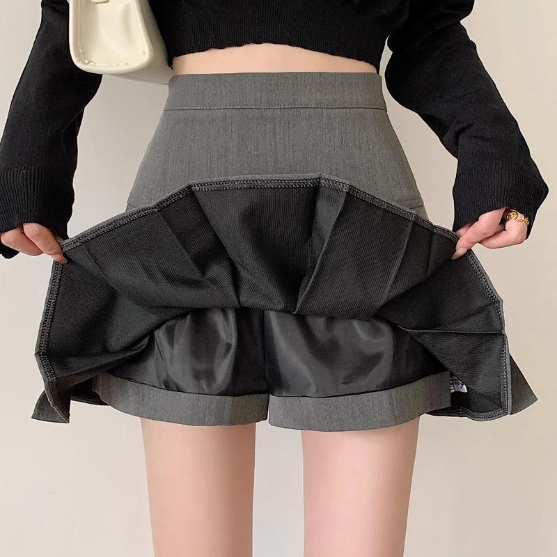 Gray Pleated High-Waist A-Line Skirt for Women - Anti-Exposure, Fluffy, Short Umbrella Design for Spring and Autumn 2024.