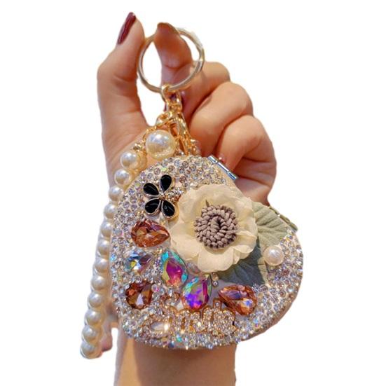 Folding Mirror Keychain Women Portable Makeup Mirror Rhinestone Faux Pearl Chain Sparkling Mirror Pendant for Touch-Ups Handbag