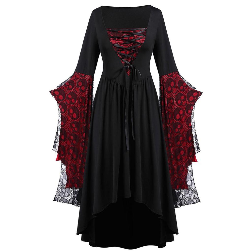 Renaissances Costume Gothic Lace Up Maxi Dress Medieval Dress with Trumpet Sleeves Wickeds Witch Costumes for Womens