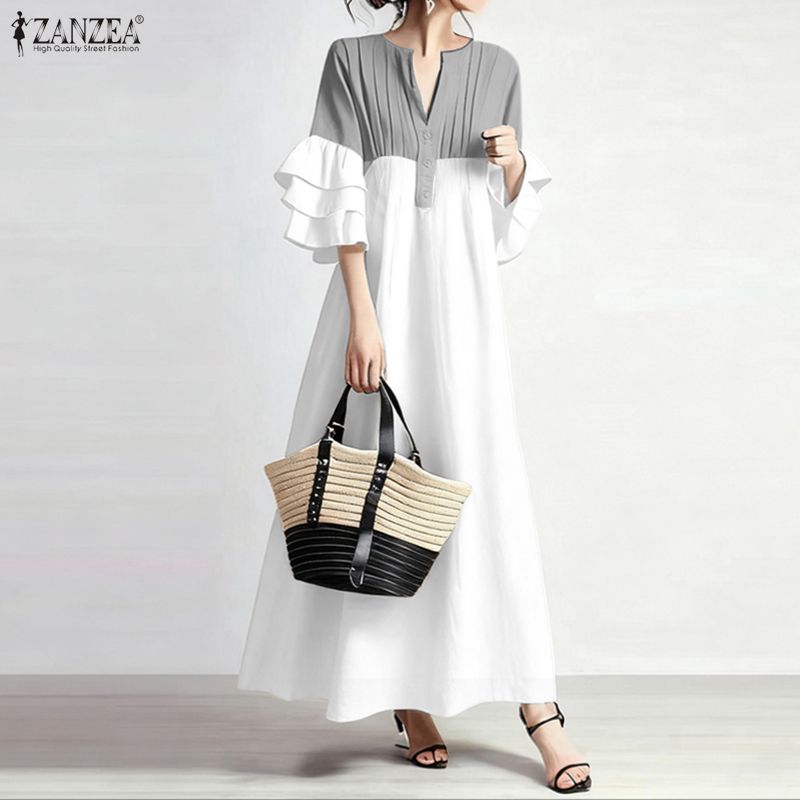 ZANZEA Women Casual V-neck Ruffles 3/4 Sleeve Loose Long Dress