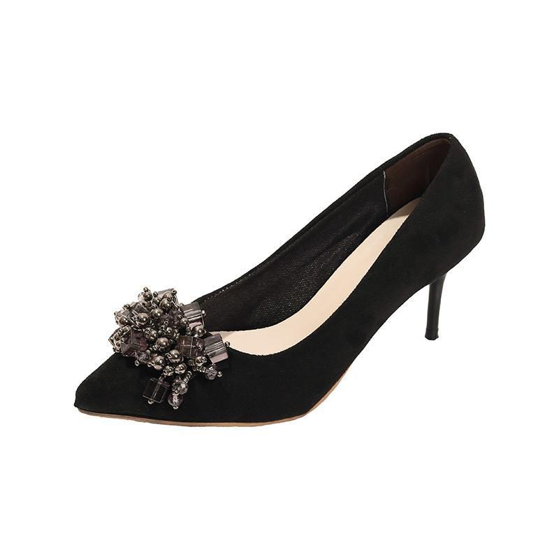 Fashion Women's Fashion Slim Heel Shoes Spring New Pointed Head Shallow Mouth Suede Crystal Anti-slip Wear-resistant High Heels