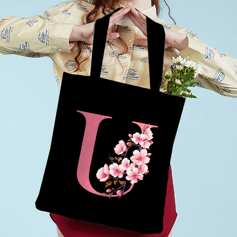 Pink Sakura Handbags Women Eco Reusable Tote Bag Cherry Blossom College Canvas Bag Vintage Sakura Alphabet Ladies Shoulder Bag