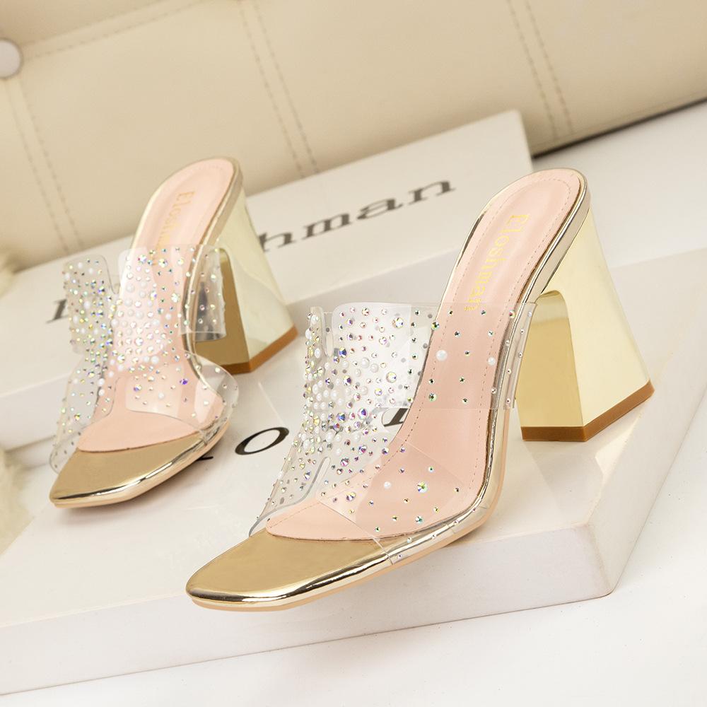 H rhinestone pearl square head thick heel + drag open-toed high heels transparent outer sandals women